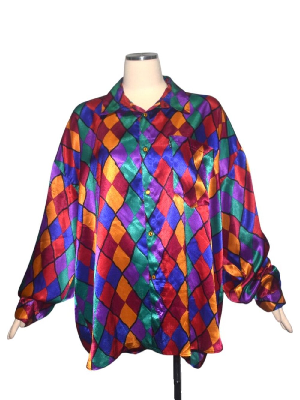 Vintage 80s Colorful Satin Harlequin Geometric Oversized Blouse 2X 3X